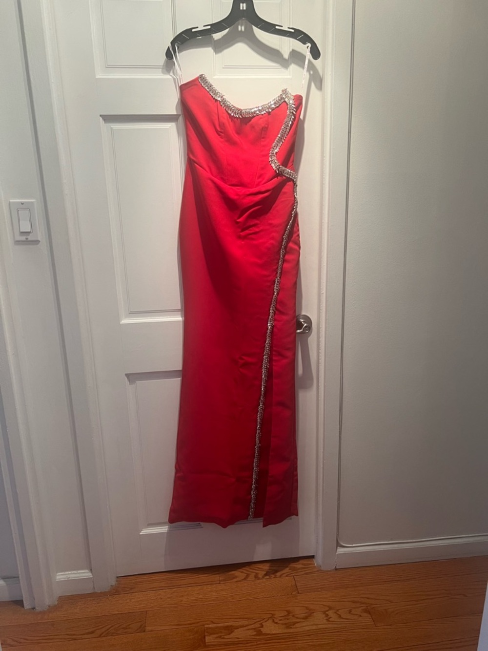 Strapless Red Evening Gown with Beaded Trim